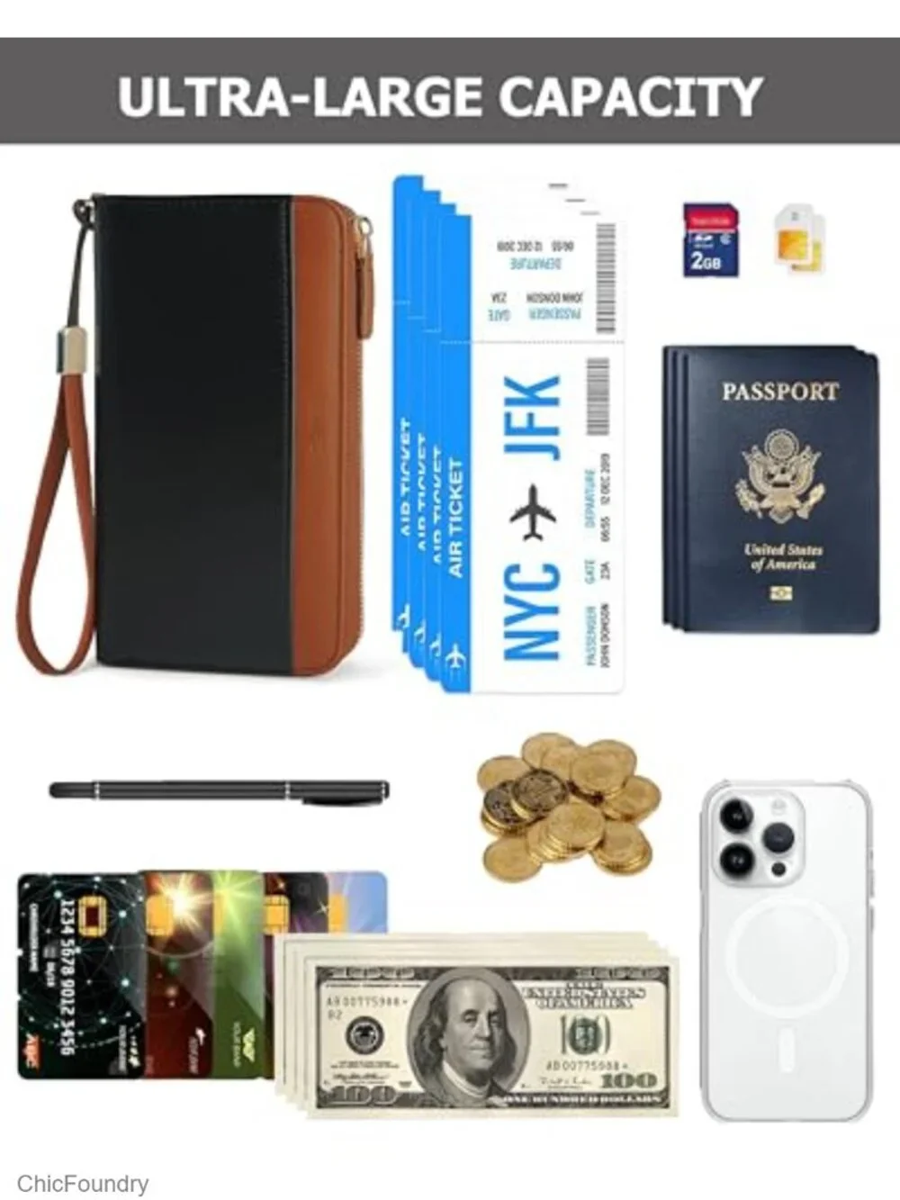 RFID Travel Wallet for Women, 21 Card Slots, AirTag Slot, Faux Leather
